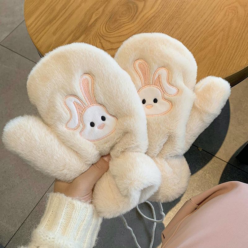 Winter Thickened All-Inclusive Cold-proof Gloves Female Cartoon Cute Rabbit Warm Finger Plush Student Ride