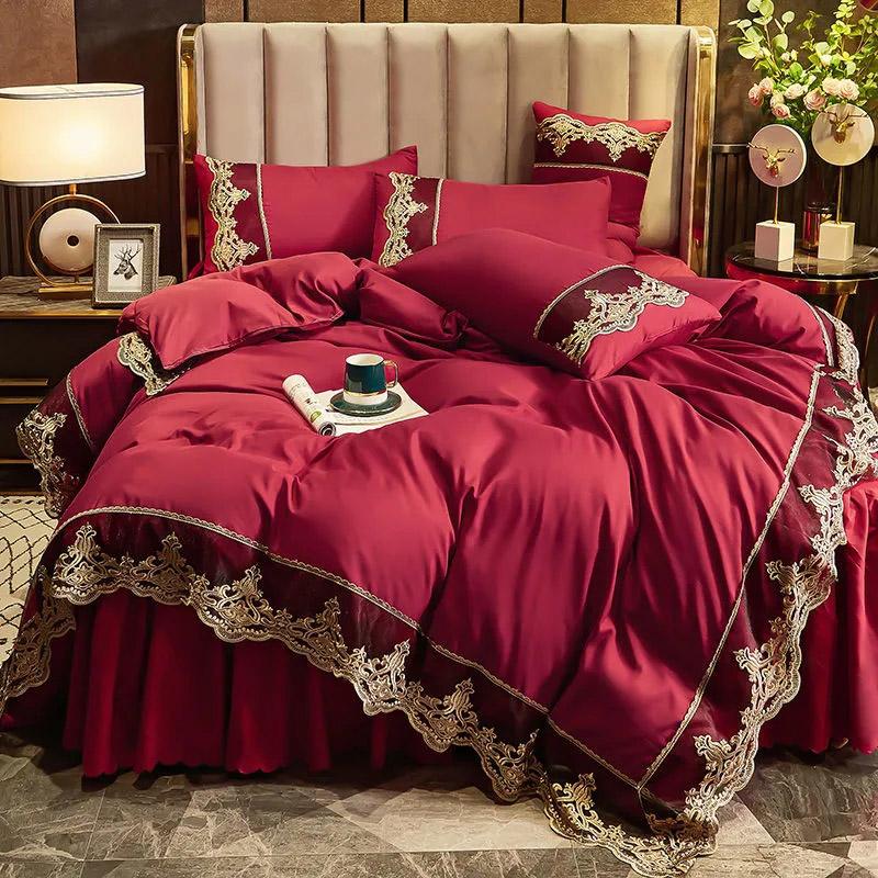 4pcs/set European Light Luxury Embroidery Lace Bed Skirt Four Piece Set Bedding Korean Princess Style Solid Nude Sleeping Comfortable Quilt Pillow Set