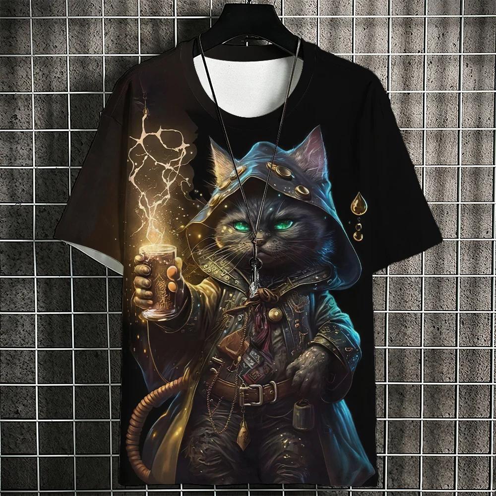 Cartoon Cat Men's T-Shirt Japanese Style Ukiyo-e Cat Printing T-Shirts Casual Loose Short Sleeve Tee Oversized Men Clothing Tops