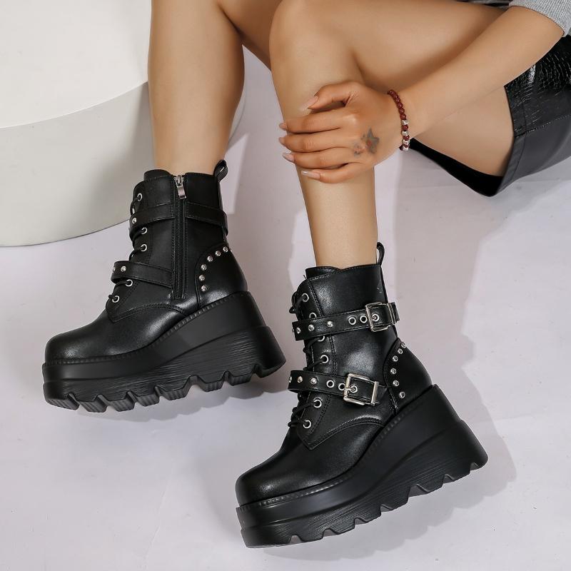 Fashion 2025 New Women's Pu Leather Ankle Boots Women Autumn Winter Round Toe Lace Up Shoes Woman Motorcycle Platform Botas Gothic Shoes