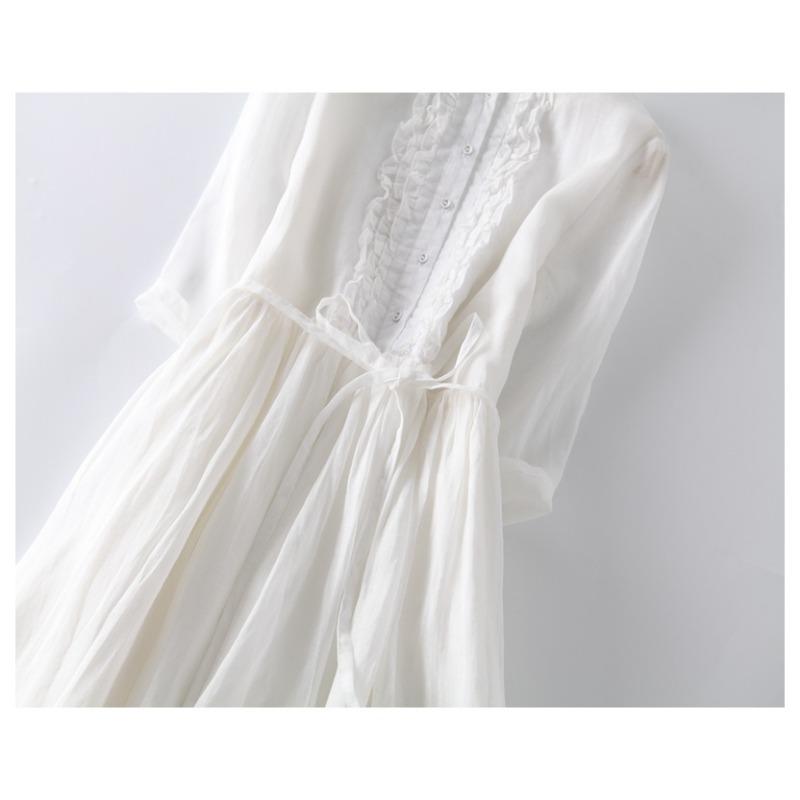 Summer Cotton and Linen Round Neck Lace Up Mid Length Dress