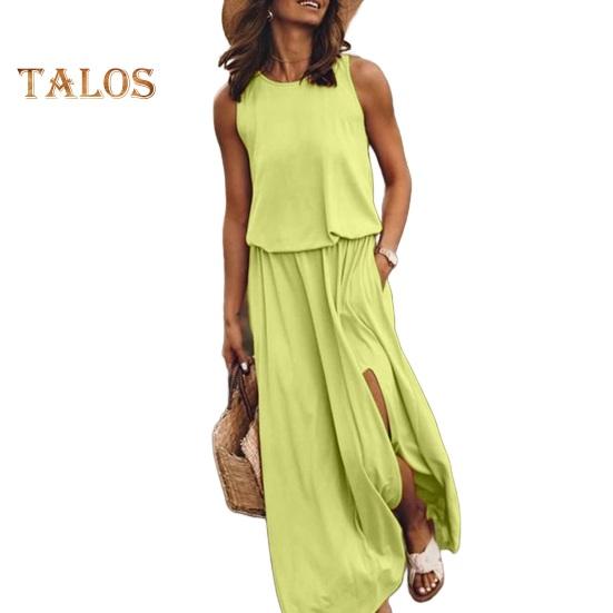 

Женское летнее платье с плиссировкой, круглым вырезом, без рукавов, однотонное, свободное, с разрезом, макси-платье, повседневная одежда для свиданий, вечеринок, длинное платье M