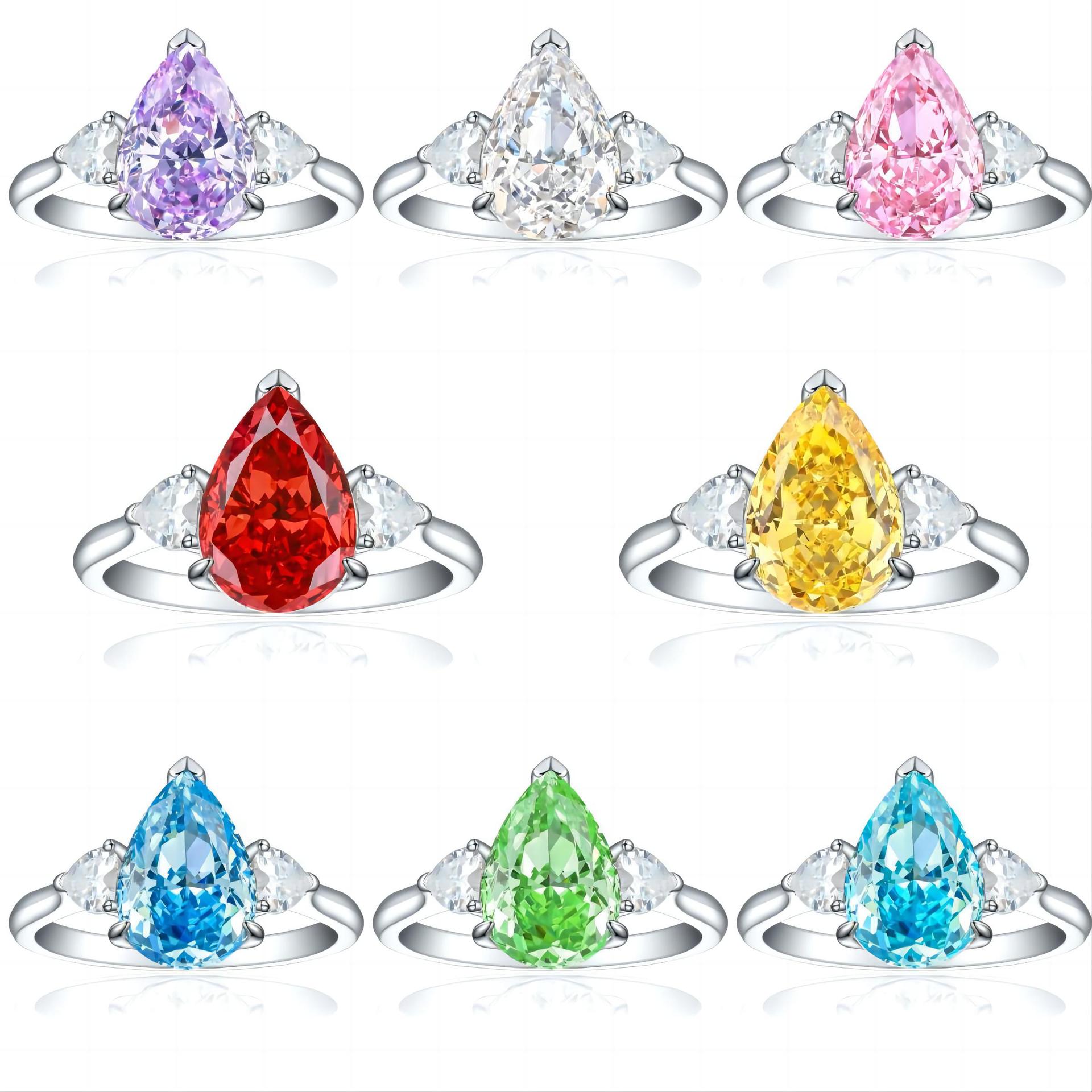 

High-Grade 925 Sterling Silver 4Ct Fireworks Ice Flower Cut Water Drop-Shaped High Carbon Diamond Ring Women S High-End Color Treasure Ring US Size 5 #