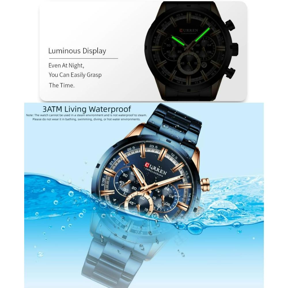 CURREN Sports Watch Unique Design Stainless Steel Automatic Date Chronograph Men's Fashion Casual Quartz Watches