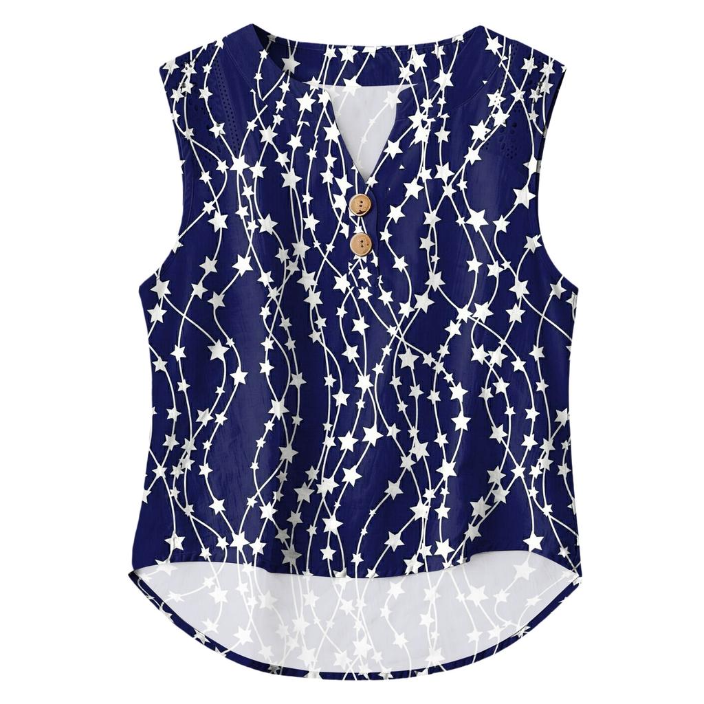 Women's Casual, Loose-Fitting, Printed, Sleeveless Linen Blouse