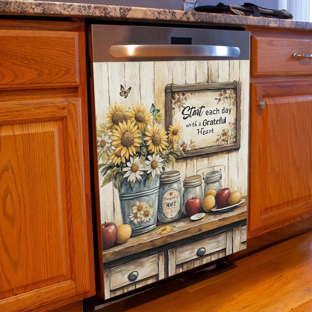 

Pastoral Style Sunflower Inspiring Quotes Kitchen Decor Dishwasher Sticker Art Magnet Cover for Door Panels, Rustic Apples Butterfly Refrigerator