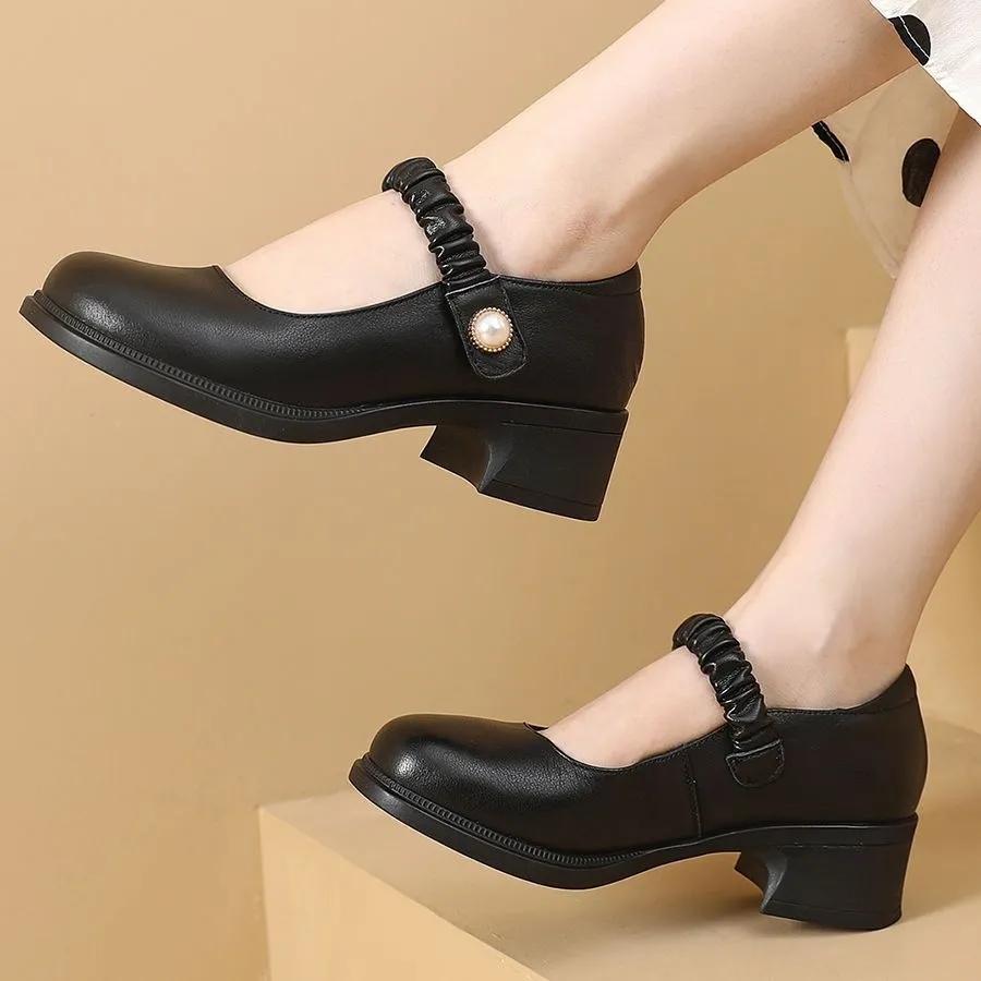 

women cute sweet beige high quality spring & summer square heel shoes zapatos de mujer lady black work shoes ab582 35