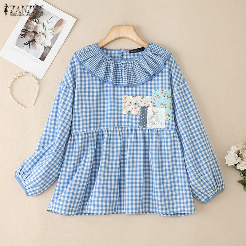ZANZEA Women Casual Ruffles Splice Round Neck Loose Long Sleeve Plaid Print Blouse