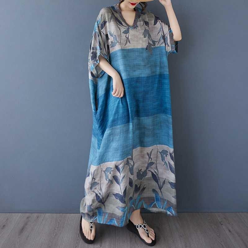 

Женское платье с V-образным вырезом, ретро, длинная юбка, хлопок-лен One size синий