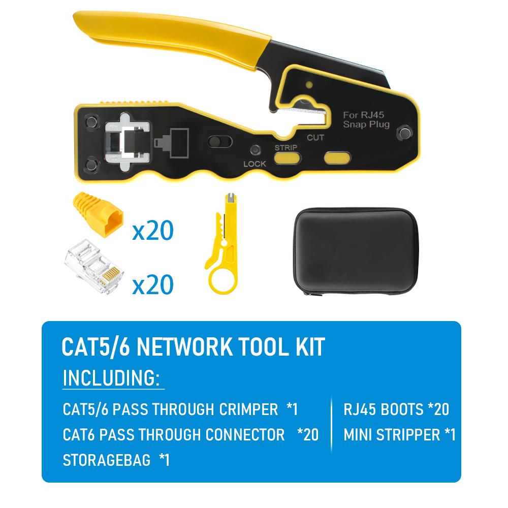 RJ45 Pass Through Crimper, Cat6 8P8C LAN Crimp Tool Kit with Wire Stripper, 10PCS Cat6 Connectors and Strain Relief Boots