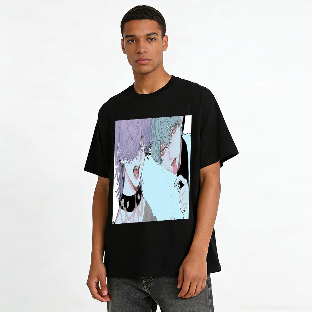 Anime Two Handsome Guys Graphic T-shirt Casual Loose Fit Top Trendy Cool Style For Daily Wear Streetwear Pure cotton T-shirt
