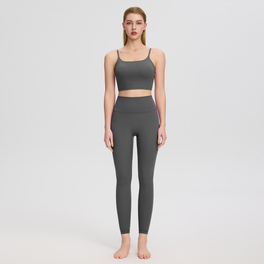 Bare-Feel Five-Piece Yoga Set: Long & Short Sleeve Tops, Chest Pads, Tight Slimming High-Waisted Pants.