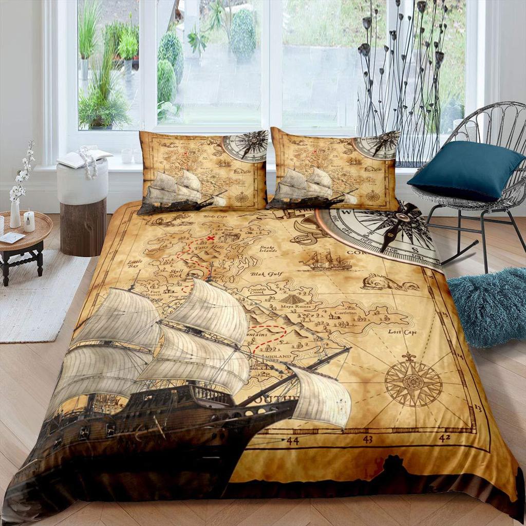 Retro Pirates Duvet Cover Set Skull Octopus Treasure Map Bedding Set Adult Boy Girl Bedroom Decoration Single Double Large Size