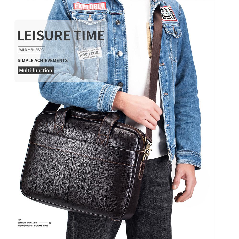 Top-Grain Leather Men's Business Briefcase - Slim 14-Inch Laptop Bag with Document Organizer, Durable Handheld for Office & Travel