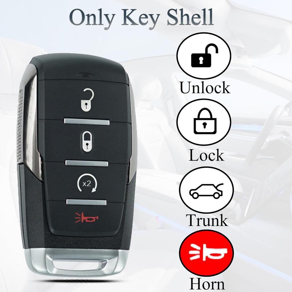 Key Fob Shell Case Replacement Fits for Dodge Ram 1500      2024 Keyless Entry Remote Control 4 Button Pad Key Fob Cover OHT-4882056