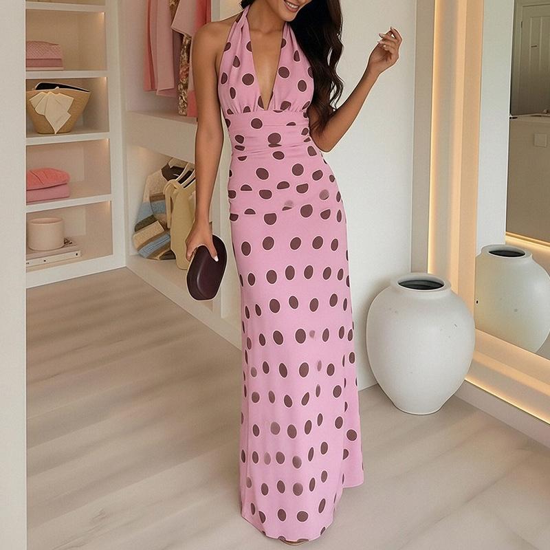 2026 spring new women's clothing, cross-border European and American dresses, fashionable and elegant v-neck polka dot suspender dress