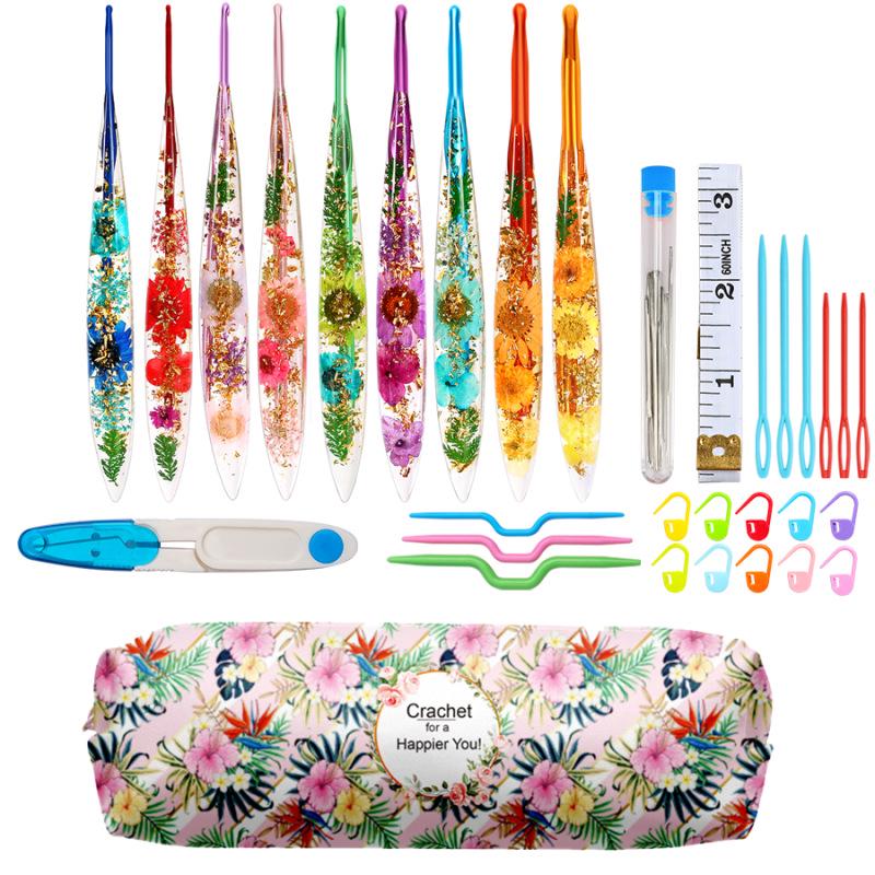 Set of 9 Colored Anodized Aluminum Crochet Hooks with Creative Resin Handles and Exquisite Flower Design