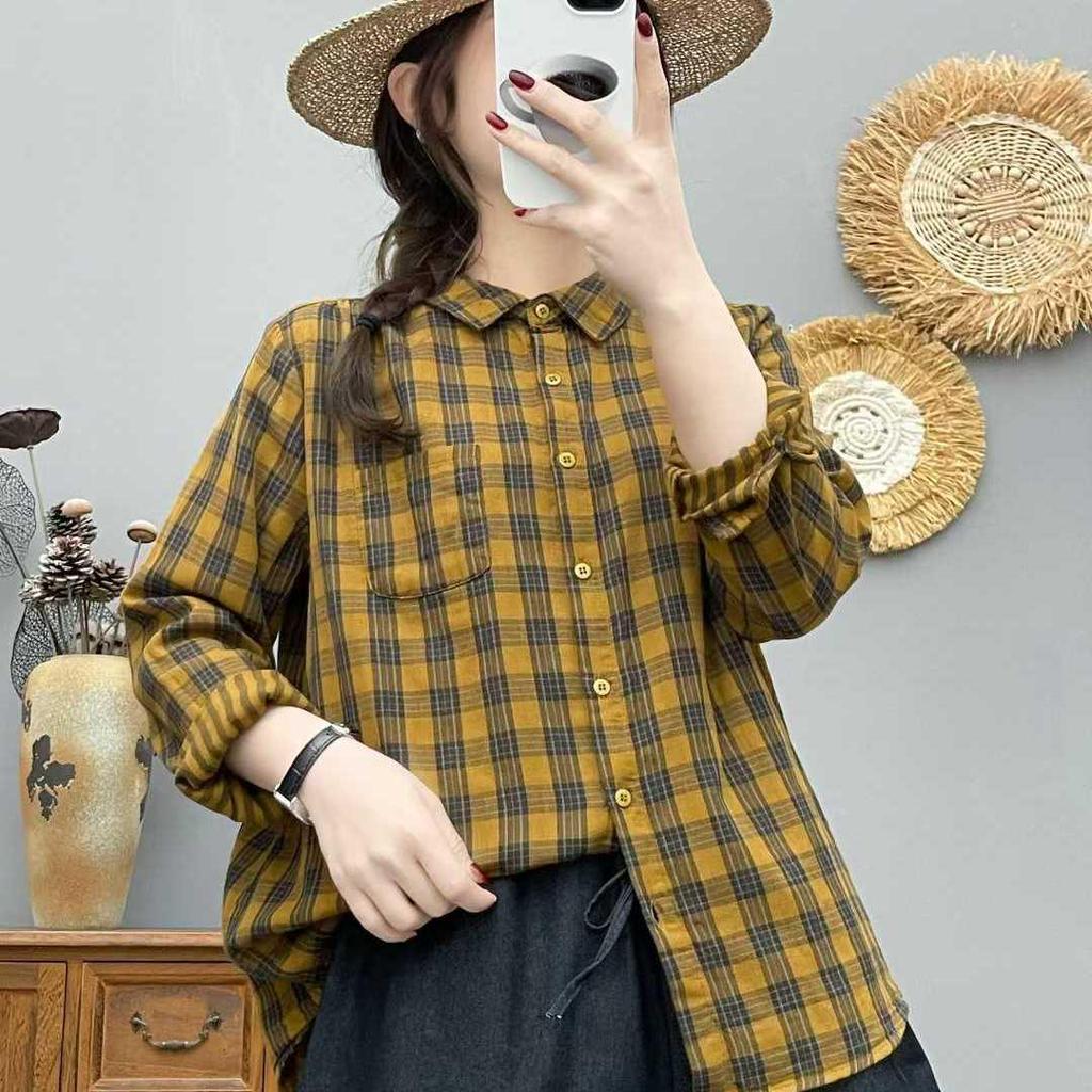 Authentic Cotton Double-Layer Gauze Plaid Shirt for Women - Long Sleeve, Loose, Versatile, Retro Style