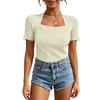 Women's Square Neck Short Sleeve Knit Top Slim Fit Color Casual Pullover Blouse