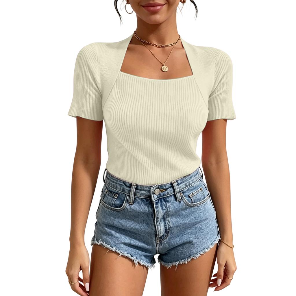 Women's Square Neck Short Sleeve Knit Top Slim Fit Color Casual Pullover Blouse