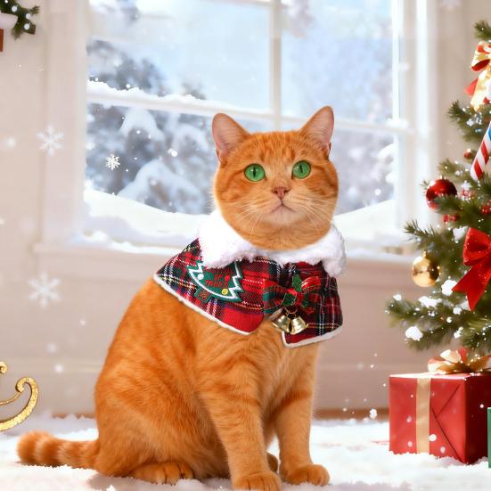Pet Scarf Christmas Plaid Bowknot Bells Decor Plush Lining Lace-up Cat Dog Collar Holiday-themed Pet