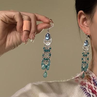 Oval Glass Water Drop Fringed Earrings Retro Light Luxury High-end Ear Hooks Niche Versatile Fashion Earrings Women
