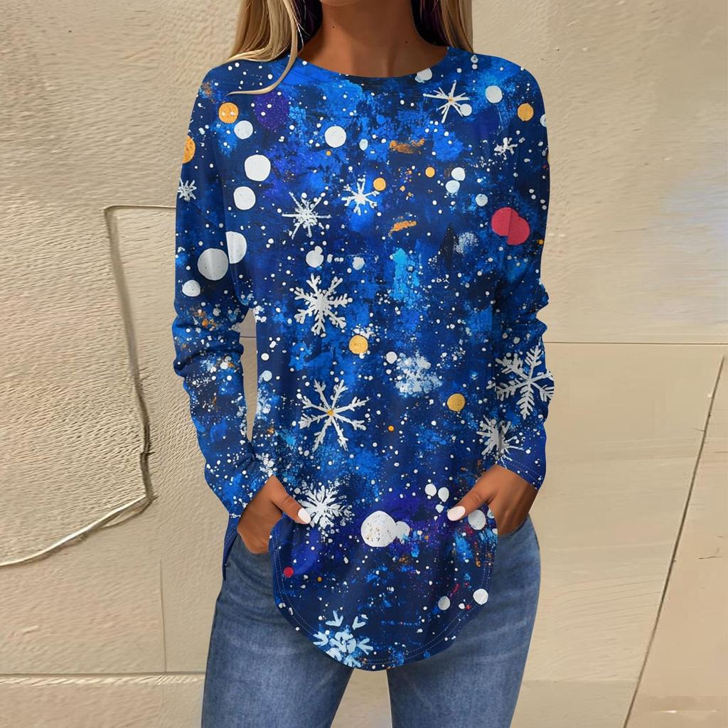 3D Gradient Color Christmas Tree Print Round Neck Long-sleeved T-shirt Casual Long-sleeved Top