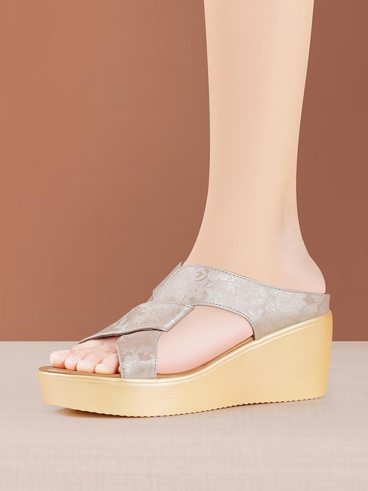 6cm Small Size 33-43 Elegant Comfortable Embroider Soft Leather Slippers Platform Wedges Shoes 2025 Med Heels Slides Office Mom