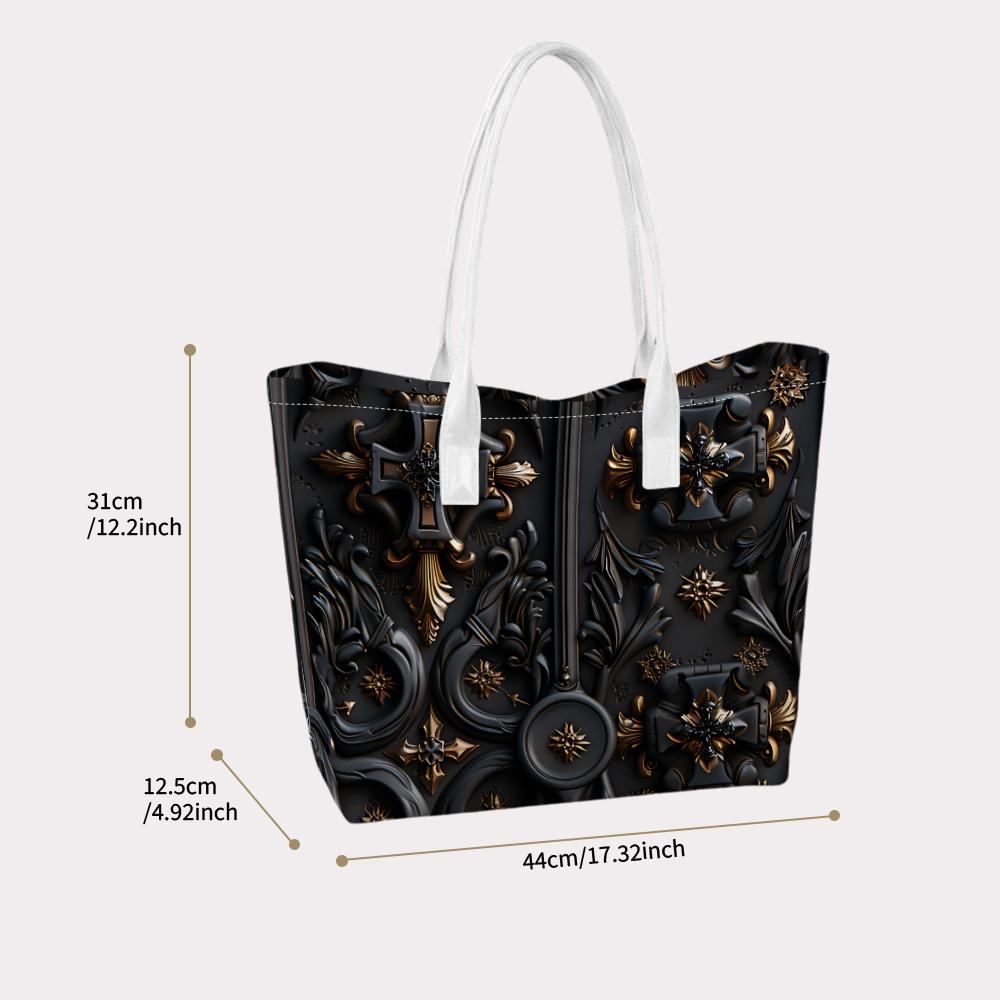 Gothic Style Cross Pattern Tote Bag Fashionable Large Capacity Casual Daily Shoulder Bag for Outdoor Commute