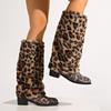 Fashion Leopard Print Fluffy Knee High Boots Women Thick Heels Winter Long Boots Woman Plus Size 42 Slip On Western Botas Mujer