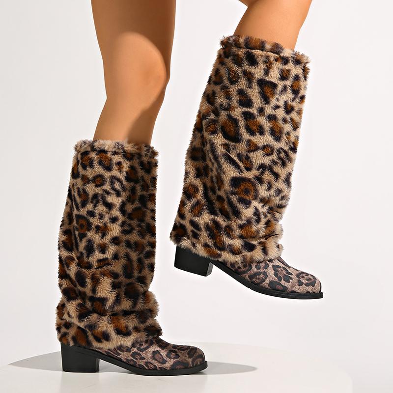 Fashion Leopard Print Fluffy Knee High Boots Women Thick Heels Winter Long Boots Woman Plus Size 42 Slip On Western Botas Mujer