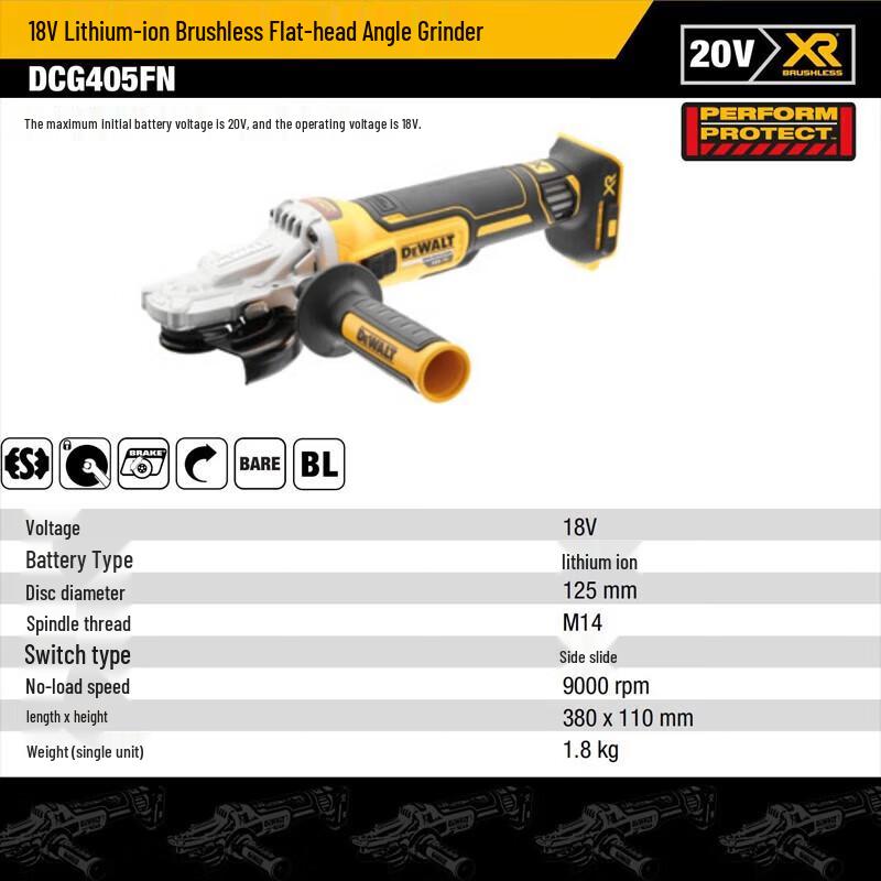 DeWalt 20V MAX* XR Brushless Flat Head 125mm Angle Grinder CN Plug (adapter Included)
