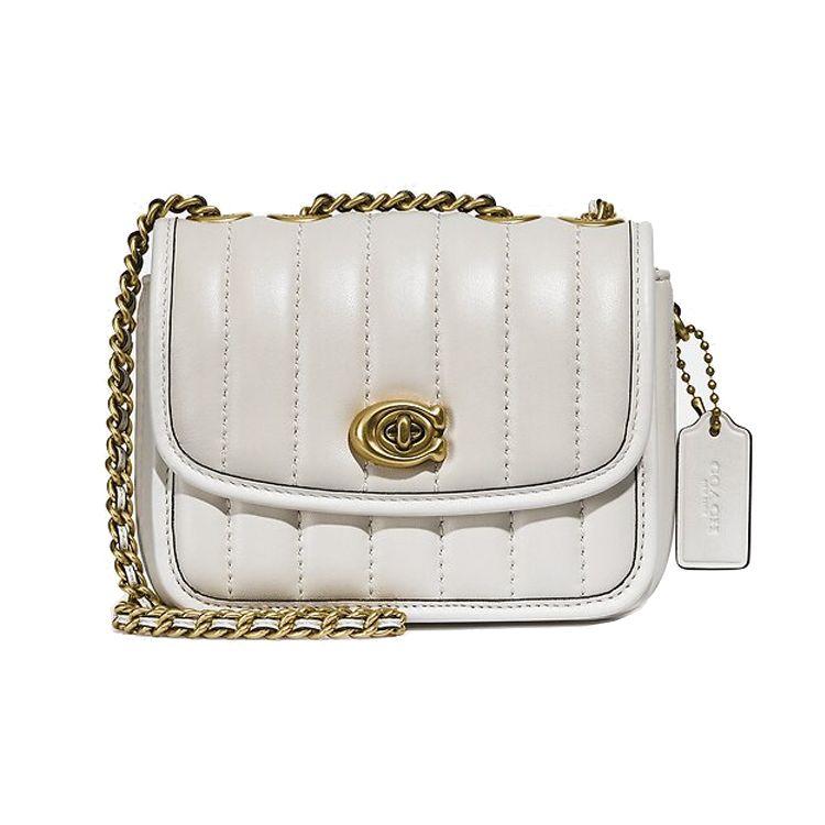 

Coach White Quilted Leather Flap Mini Crossbody Bag with Gold Chain for Daily Use Basic Set (Bag+Dust Bag)