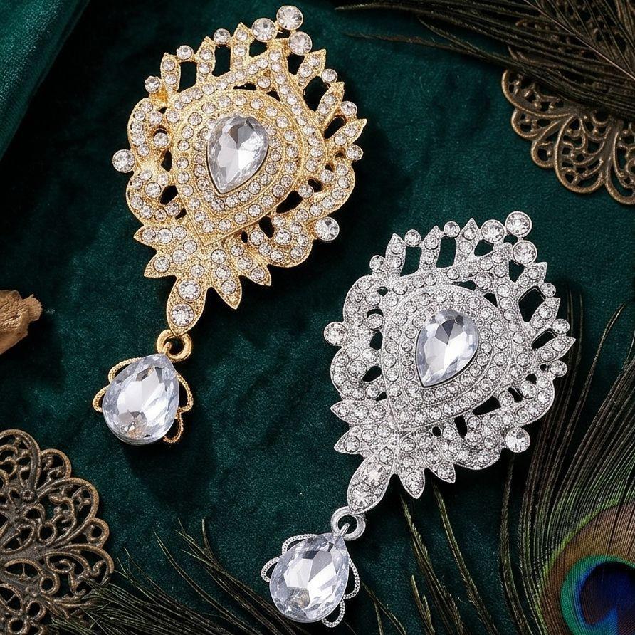 Vintage European-American Rhinestone Teardrop Brooch with Crown Pendant - Elegant Women's Accessory