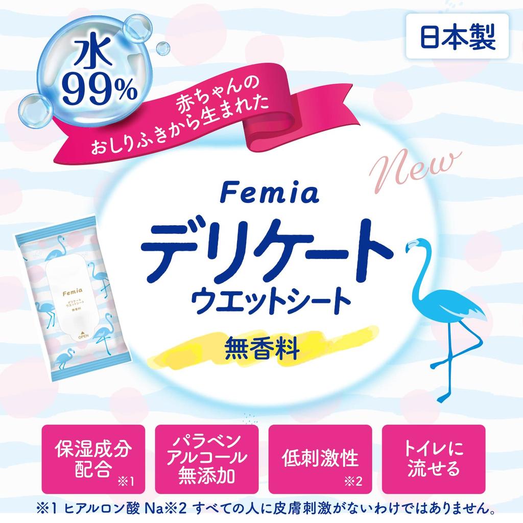LEC Delicate Wet 20 Sheets X 8 Packs Made In Originally Made from Baby Wipes Women's Wipes, Femia, (Unscented), Flushable, Japan,