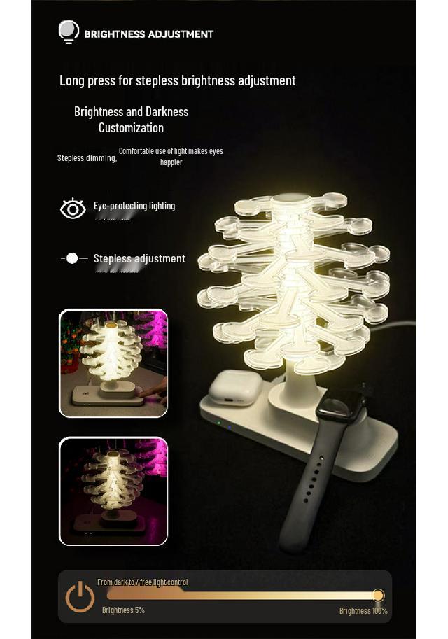 3-in-1 Wireless Charger & Night Light: Phone, Earbuds & Apple Watch Station with Eye-Friendly Atmosphere Table Lamp