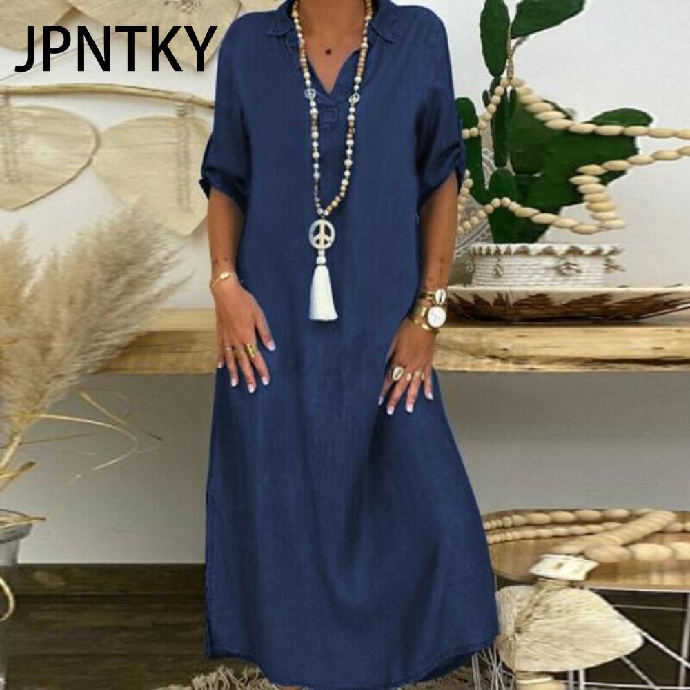 

JPNTKY Летнее джинсовое платье для женщин Повседневные весенние голубые платья макси V-образный вырез рукав до локтя Большие размеры Длинные платья с разрезом XXXXXL темно-синий
