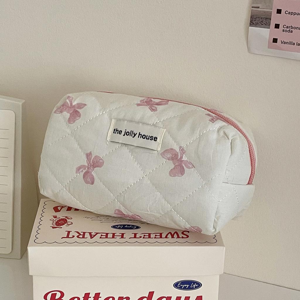 Vintage Floral Satin Makeup Bag With Bow Embellishment For Daily Use And Travel Comfort