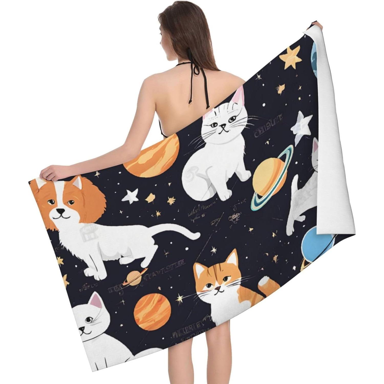 

Microfiber Soft Pool Bath Towel 52x32 inch, Beach Towel Quick Dry Towel for Bathroom,Pool,gym,travel,beach - Fun cat Astronaut W30*H60(CM)