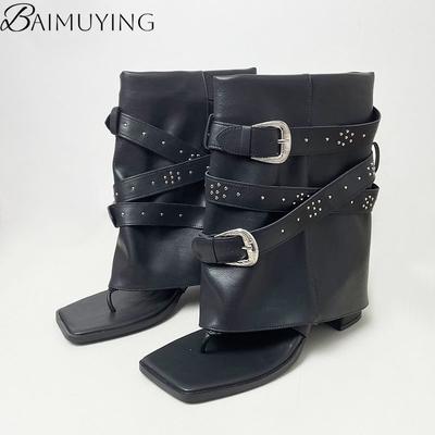 Fashion Brand Designer Shoes Woman Heeled Sandals Summer Ankle Boots Flip Flops 2025 New Clip Toe Square High Heels Leather Goth Chunky