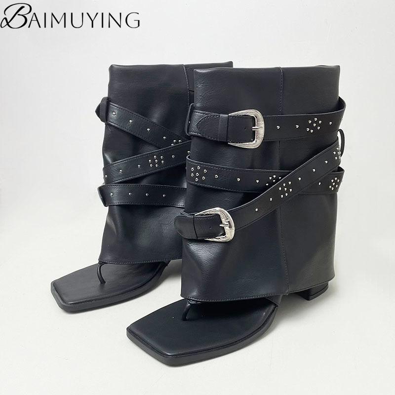 Fashion Brand Designer Shoes Woman Heeled Sandals Summer Ankle Boots Flip Flops 2025 New Clip Toe Square High Heels Leather Goth Chunky