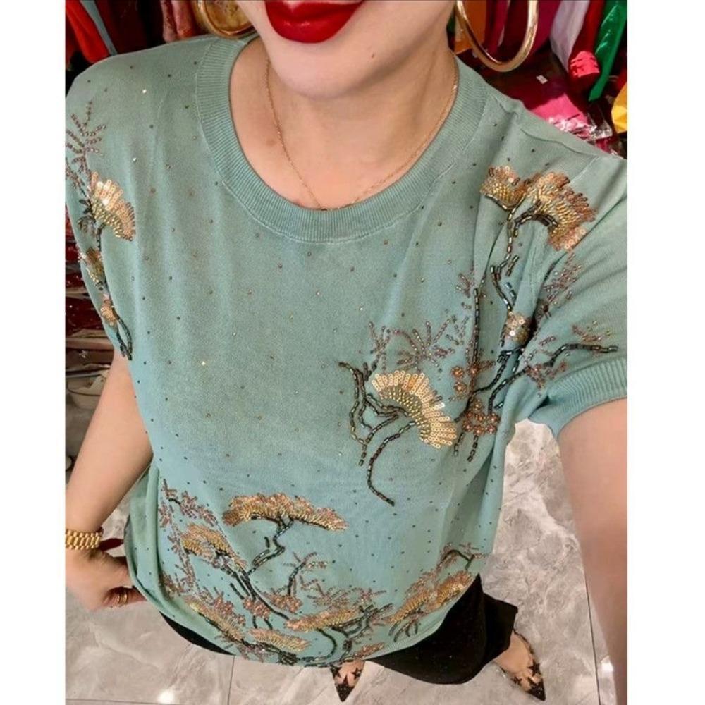 

High Quality Beading T Shirt Women Summer Fashion O Neck Pullover Femme Women Clothing Causal Short Sleeve Knitted Tops M