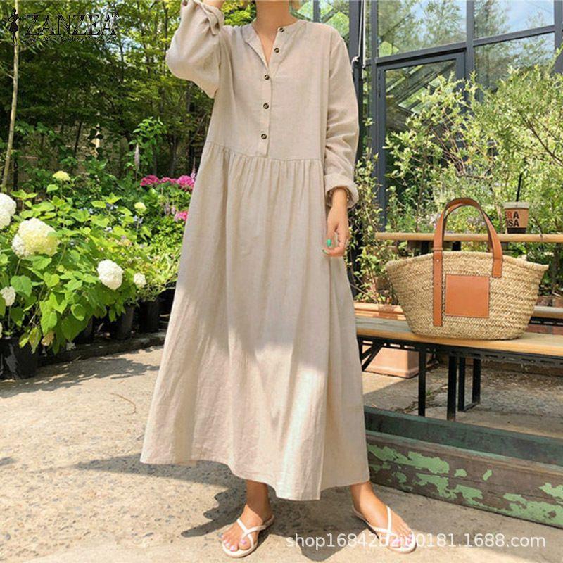 

K-style Plus Size Women s Clothing Artsy Loose Single-Breasted Autumn Cotton Linen Pure Color Chubby Girl Long Sleeves Dress Women Dress Apricot 2XL