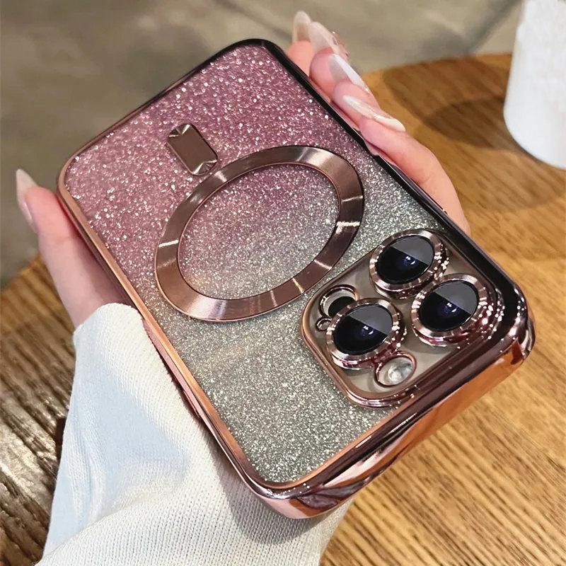 Magsafe Plating Gradient Glitter Clear Case For iPhone 11 12 13 14 Pro Max 14 Plus Soft Silicone Magnetic Wireless Charge Cover
