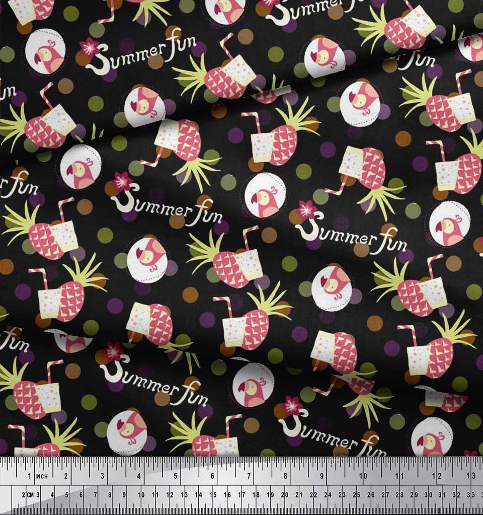 Soimoi Japan Crepe Satin Fabric Dot,Parrot & PineJuice Summer Designs Fabric Prints By Metre 42 Inch