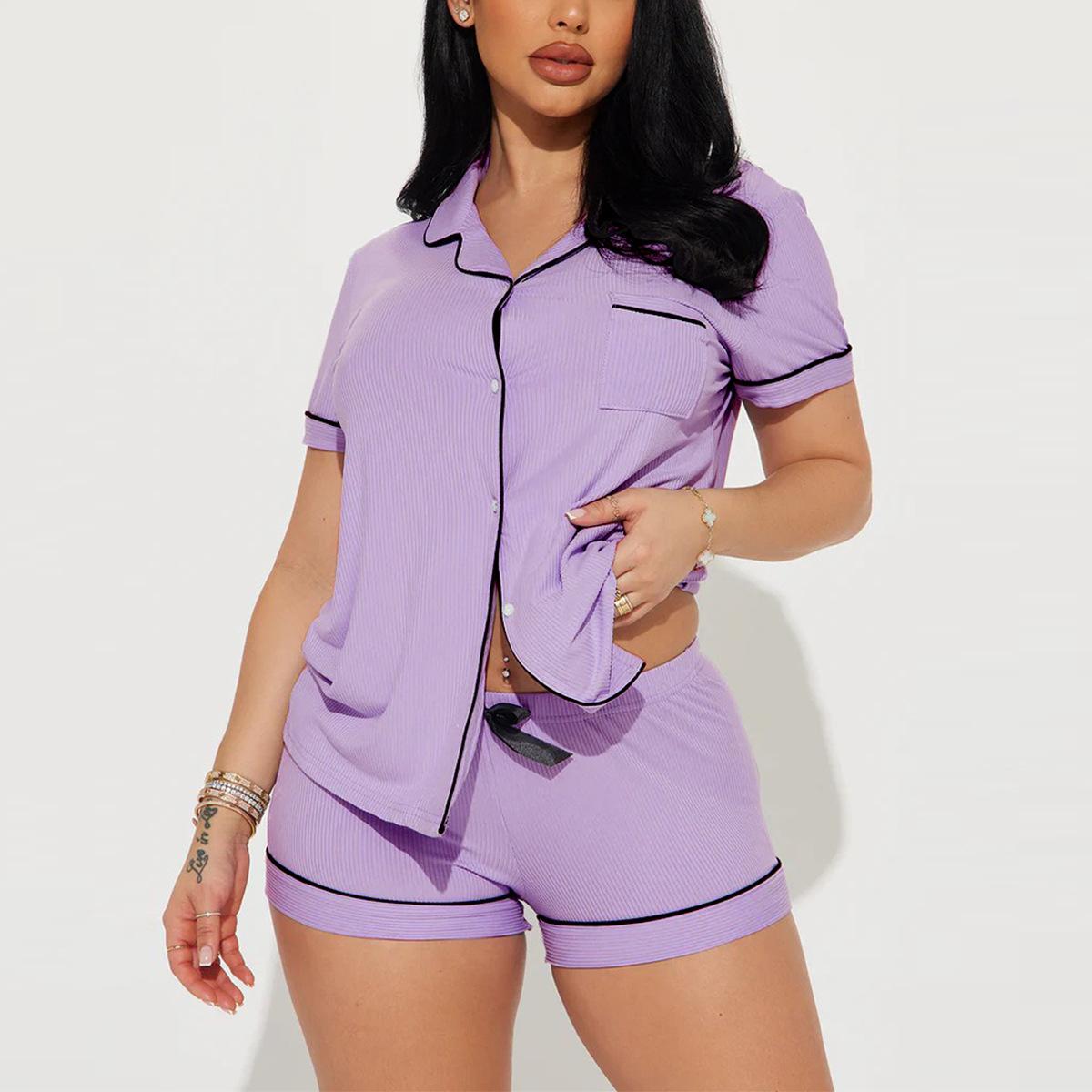

Пижама женская летняя с лацканами, с короткими рукавами и шортами, двухпредметная домашняя одежда XL фиолетовый