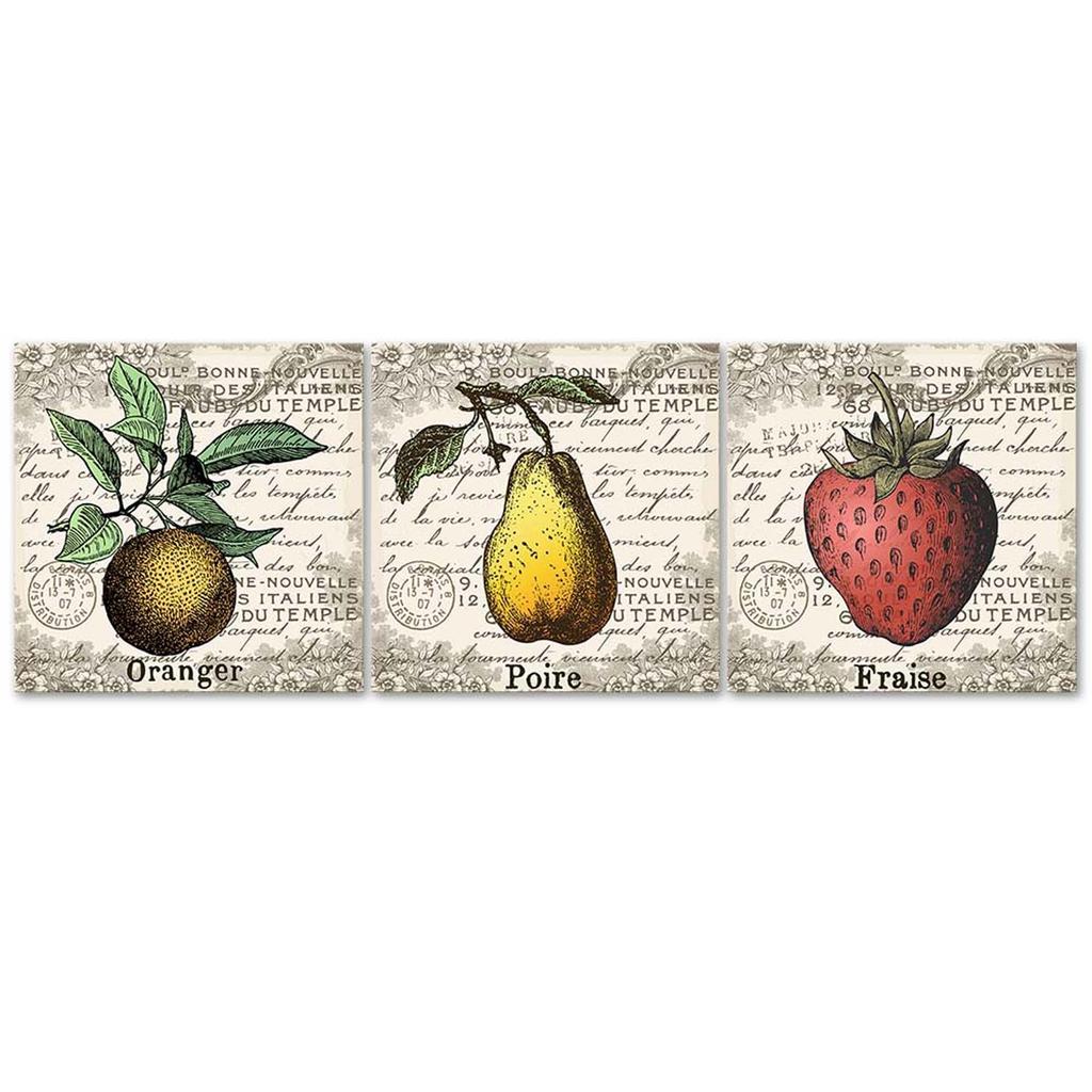 Set mit drei Bildern auf Leinwand, Retro-Früchte