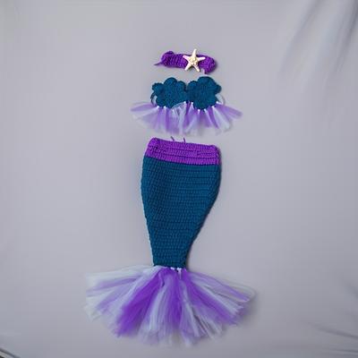 3pcs Handmade Knitted Mermaid Photography Prop Set Mermaid Theme 3pcs Knit Outfit with Tail Bikini Top and Starfish Decorations