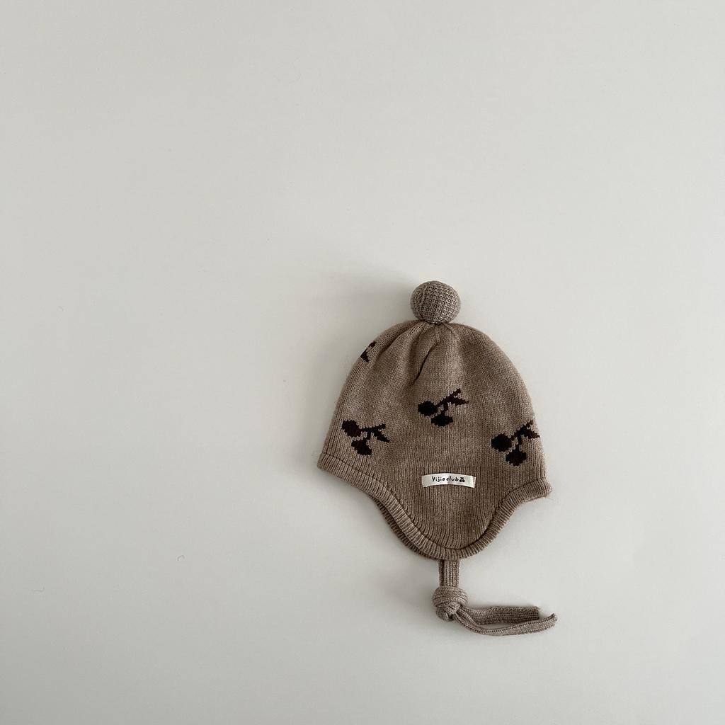 Baby Knitted Hat Winter Warm Knitted Beanie with Cherry Pattern Ear Flap Cap for Infant Boys Girls Newborn Photography Props