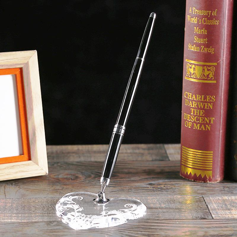 Metal and Acrylic Heart Crystal Pen Holder Set for Office Desk